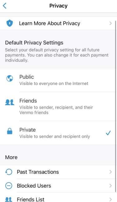 A screenshot of the privacy settings in the iOS Venmo app.