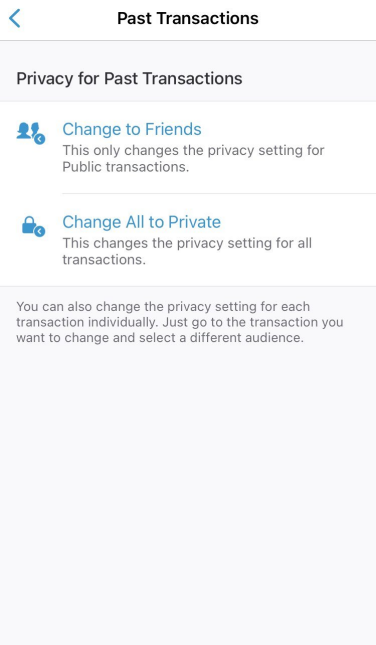 A screenshot of the privacy settings for past transactions in the iOS Venmo app.