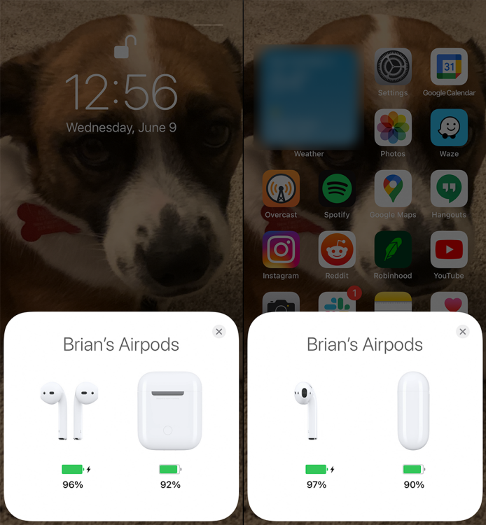 Two screenshots of an iPhone displaying AirPods