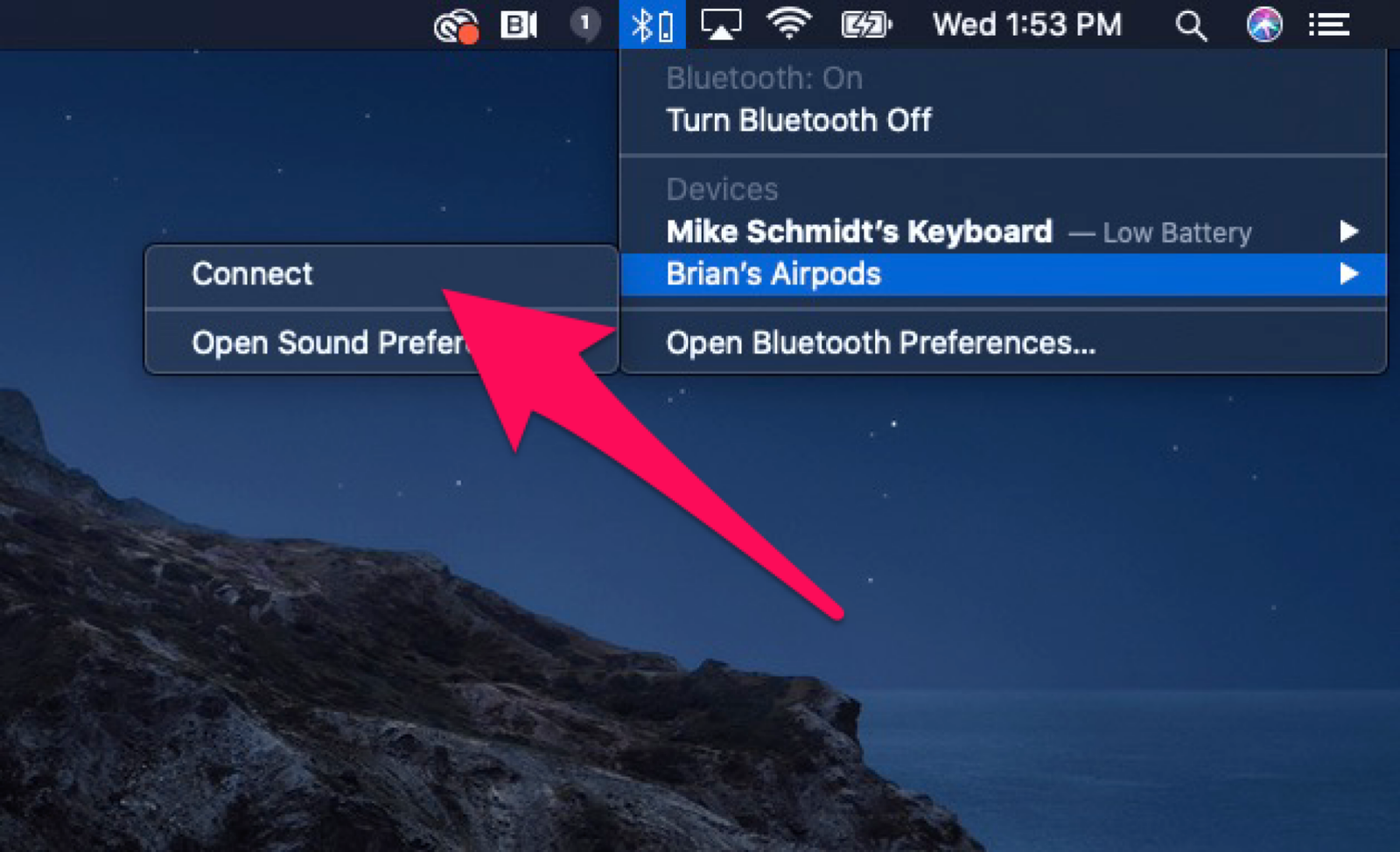 Mac screenshot showing the menus to connect AirPods to the Mac. 