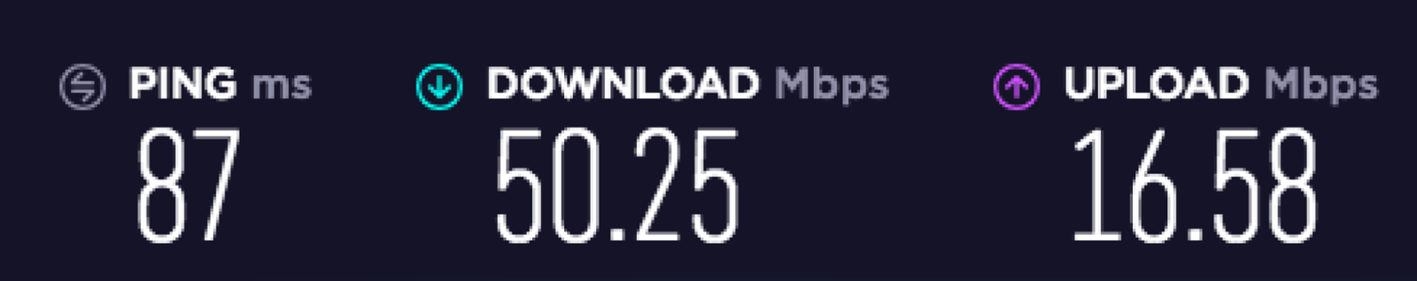 Screenshot of an internet speed test. 